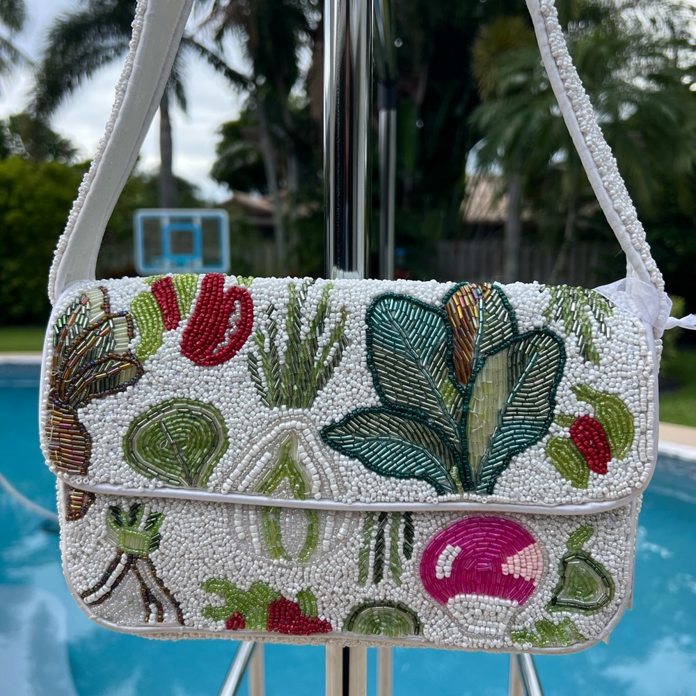 NEW RARE Beaded Embroidered Garden Veggie Radish Vegetables Viral TikTok Bag